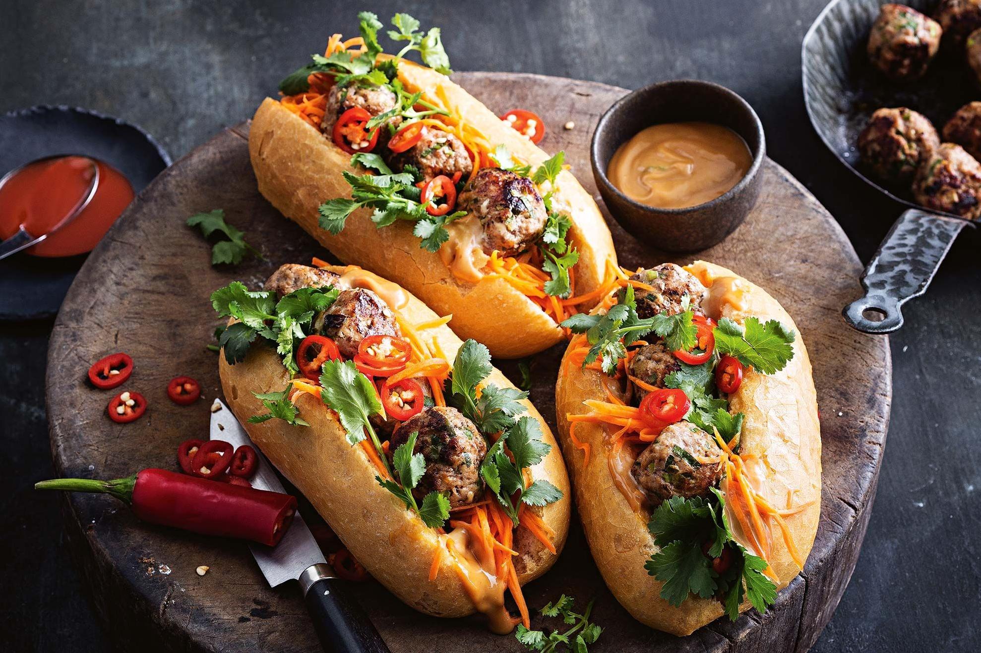  The colorful veggies and savory pork meatballs make for a stunning sandwich.