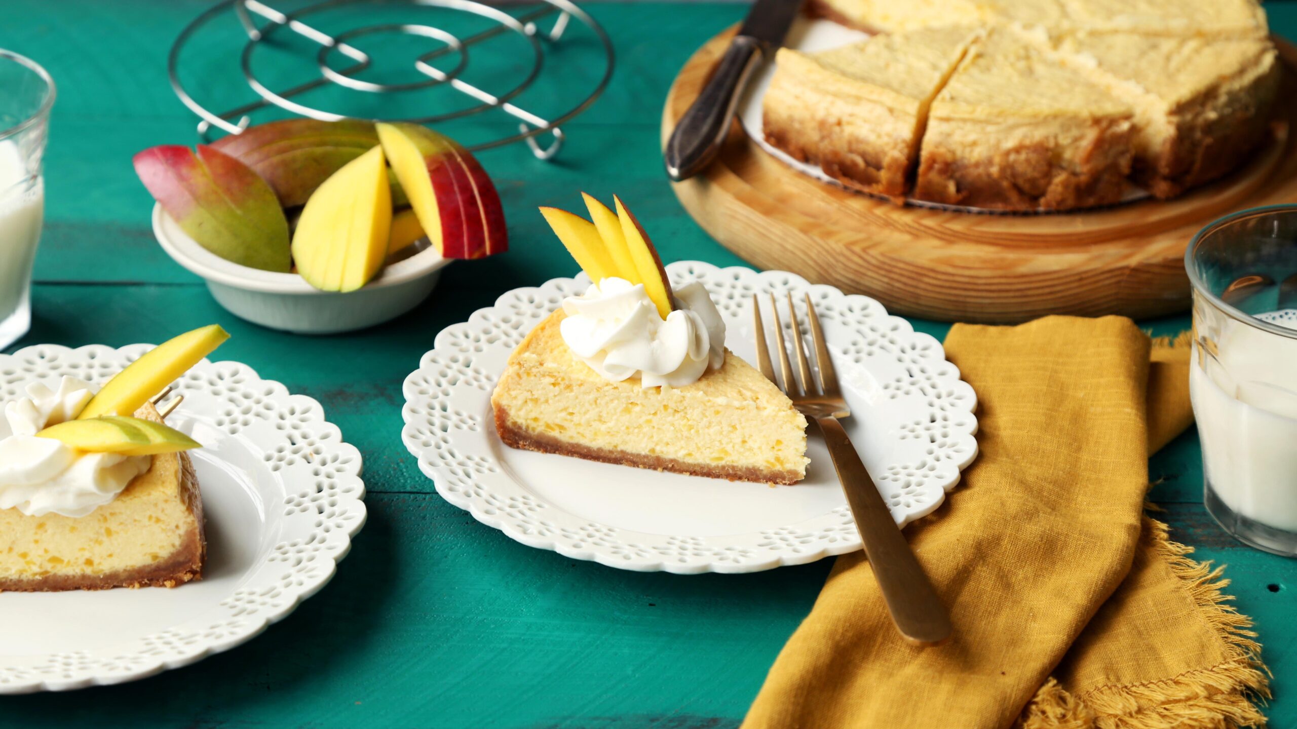 This cheesecake is made with fresh mangos, for a fruity twist on a classic dessert.