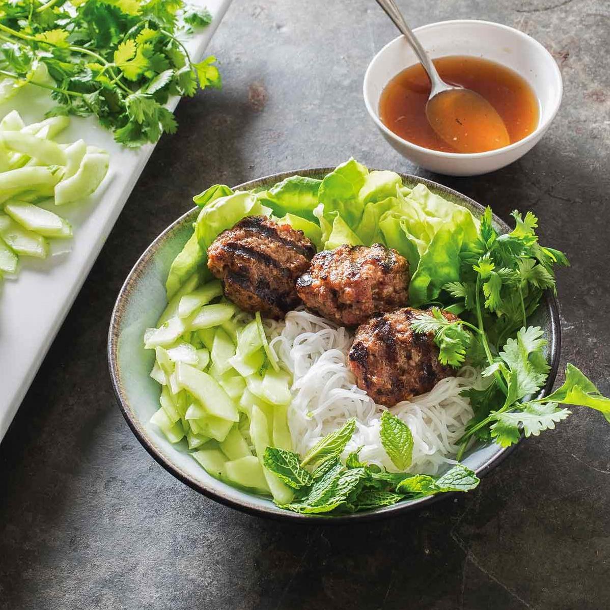 Vietnamese Grilled Pork Patties With Rice Noodles & Salad